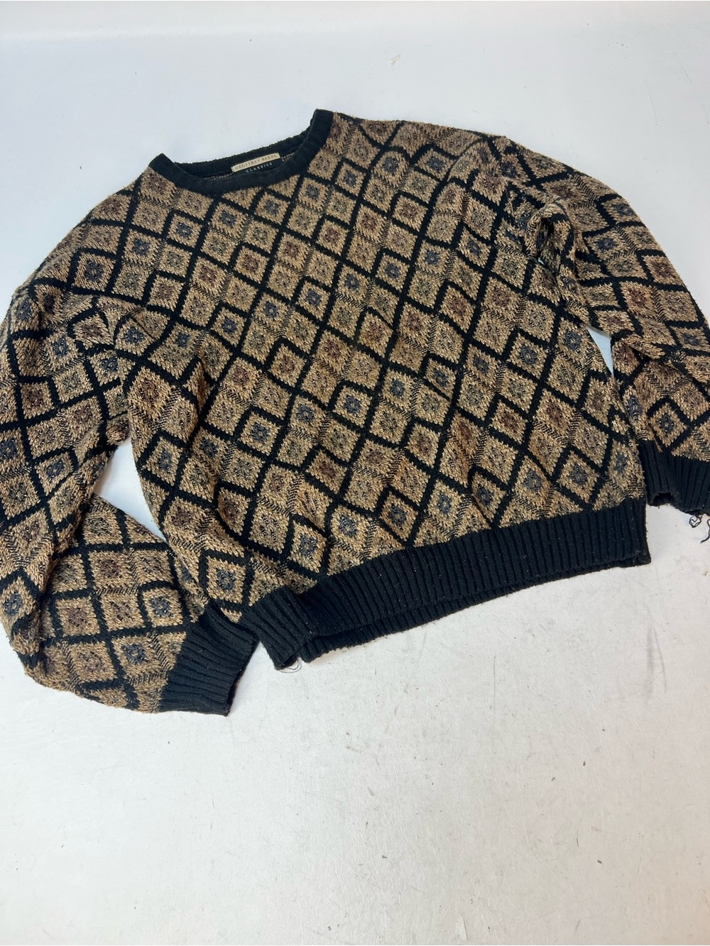 Geoffrey Beene Black and Tan Diamond-Pattern Crewneck Sweater
